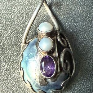 vtg Silver Abalone Moonstone Pendant